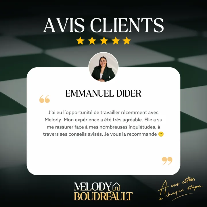 Avis 5 étoiles de Emmanuel : J'ai eu l'opportunité de travailler récemment avec Melody. Mon expérience a été très agréable. Elle a su me rassurer face à mes nombreuses inquiétudes, à travers ses conseils avisés.