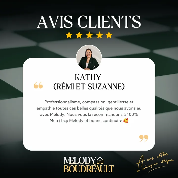 Avis 5 étoiles de Kathy, pour Rémi et Suzanne : Professionnalisme, compassion, gentillesse et empathie, toutes ces belles qualités que nous avons eu avec Mélody. Nous vous la recommandons à 100 %.