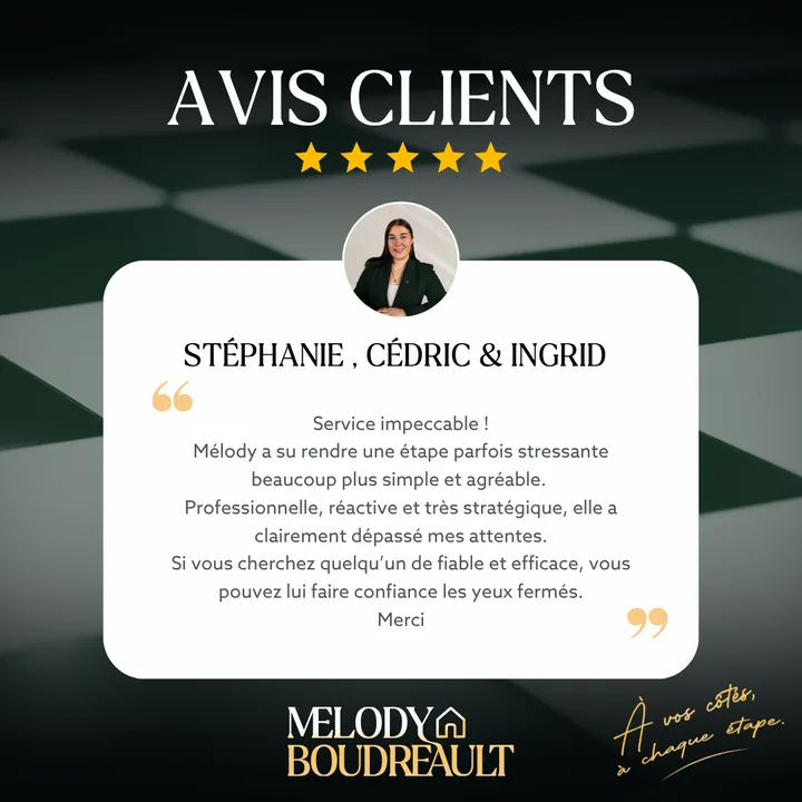 Avis 5 étoiles de Stéphanie, Cédric et Ingrid : Service impeccable ! Mélody a su rendre une étape parfois stressante beaucoup plus simple et agréable. Professionnelle, réactive et très stratégique, elle a clairement dépassé mes attentes.